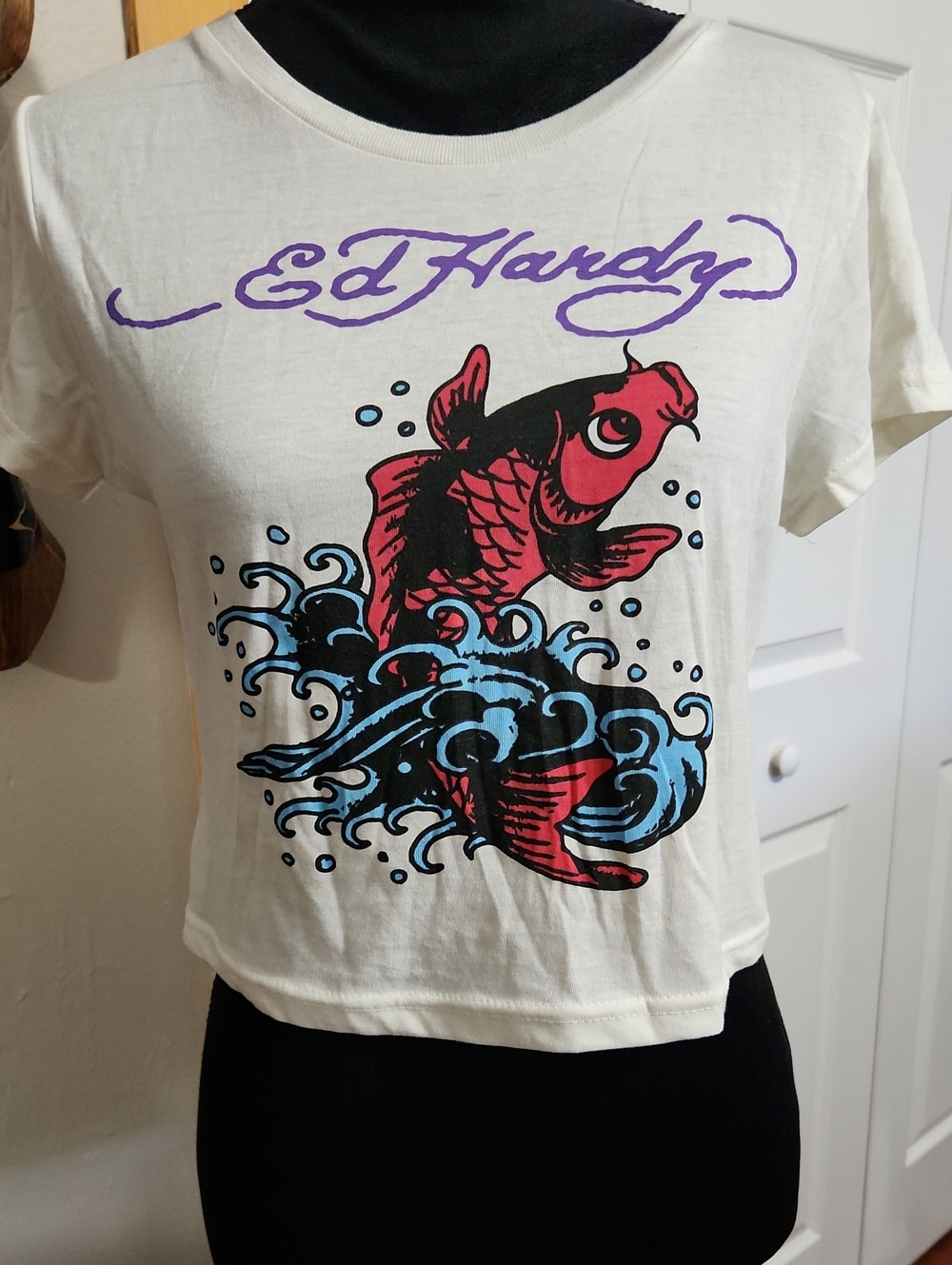 Ed Hardy Creme Crop Top with Red Koi and Blue Wave Graphic